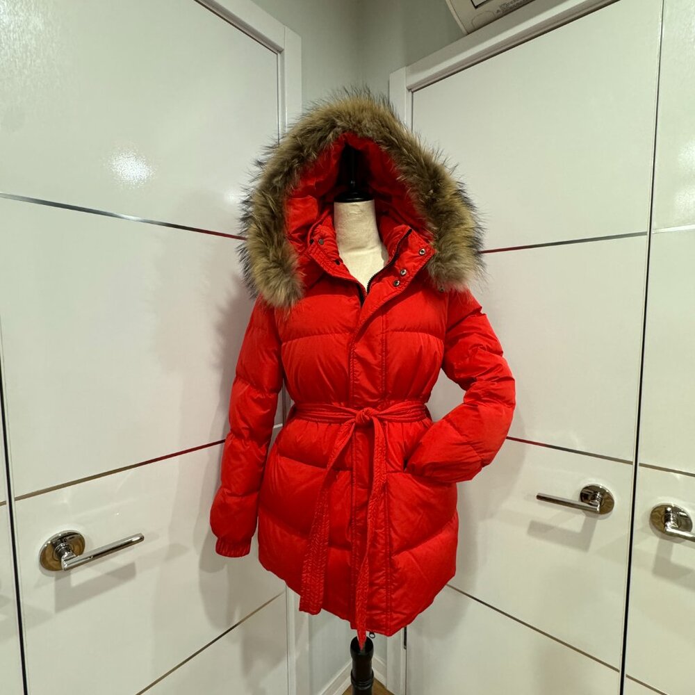 Women's Red puffer Jacket with Fur Hood - Picture 3 of 16